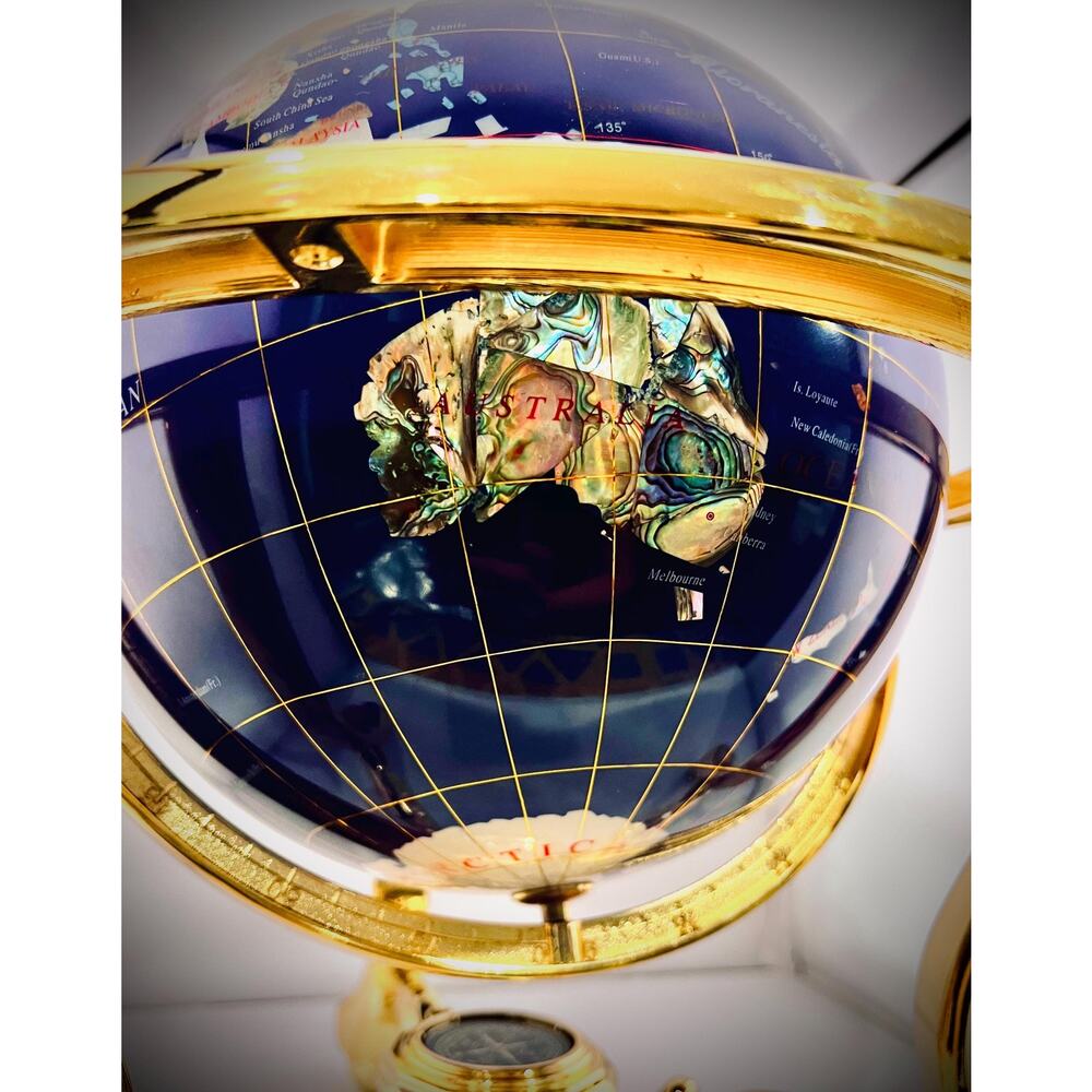 Gemstone Inlay Globe w/ Compass Base, 14” Tall – Gold-Tone Stand - Picture 5 of 10
